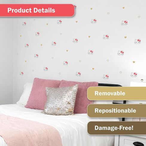Hello Kitty Peel & Stick Wall Decals - 94 Peel and Stick Vinyl Stickers with Hearts - Removable Kids Room Decor for Bedroom, Nursery & Furniture in Kuwait