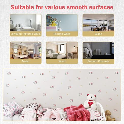 Hello Kitty Peel & Stick Wall Decals - 94 Peel and Stick Vinyl Stickers with Hearts - Removable Kids Room Decor for Bedroom, Nursery & Furniture in Kuwait