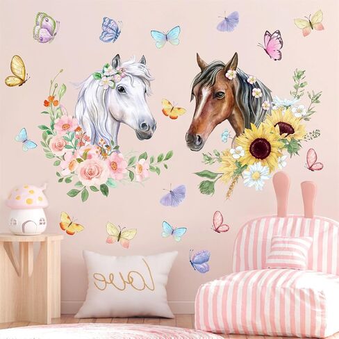 Horses Wall Decals Farm Animal Stickers Peel and Stick Decals Wild Horse Decor for Baby Girls Bedroom Butterfly Flower Wall Stickers Floral Art Mural for Living Room Kids Nursery Farmhouse Decor Gift in Kuwait