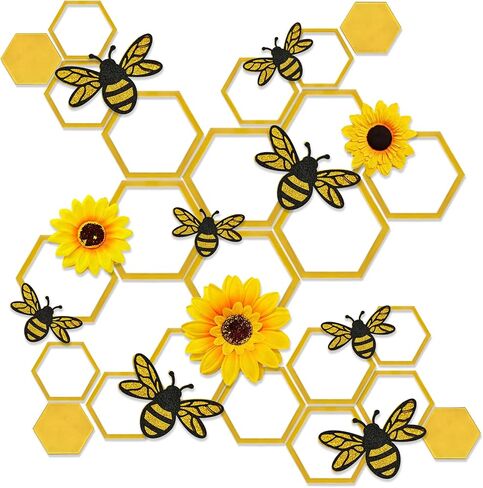 24 Pcs Honey Bee Honeycomb Decorations, 4 Inch Acrylic Hexagon Honeycomb with 3D Bee and Sunflower Wall Backdrop Decor, Beehive Themed Sign for Baby Shower DIY Birthday Party Decor in Kuwait
