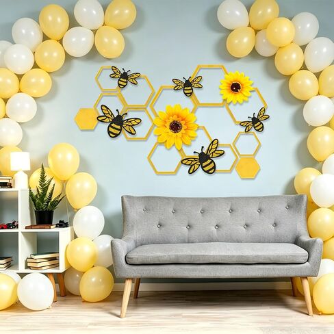 24 Pcs Honey Bee Honeycomb Decorations, 4 Inch Acrylic Hexagon Honeycomb with 3D Bee and Sunflower Wall Backdrop Decor, Beehive Themed Sign for Baby Shower DIY Birthday Party Decor in Kuwait