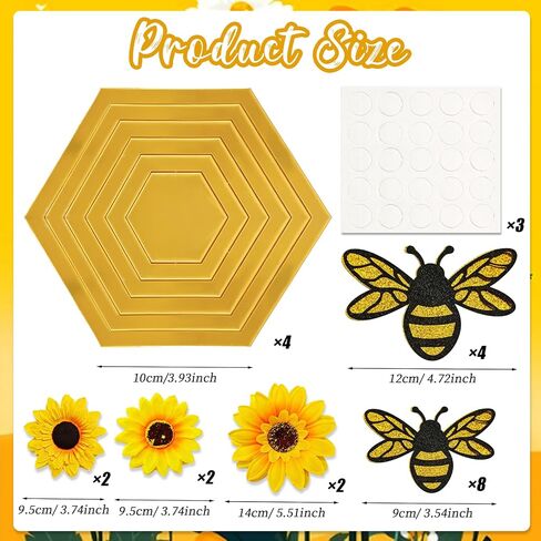 24 Pcs Honey Bee Honeycomb Decorations, 4 Inch Acrylic Hexagon Honeycomb with 3D Bee and Sunflower Wall Backdrop Decor, Beehive Themed Sign for Baby Shower DIY Birthday Party Decor in Kuwait