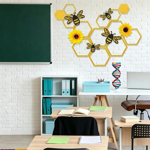 24 Pcs Honey Bee Honeycomb Decorations, 4 Inch Acrylic Hexagon Honeycomb with 3D Bee and Sunflower Wall Backdrop Decor, Beehive Themed Sign for Baby Shower DIY Birthday Party Decor in Kuwait