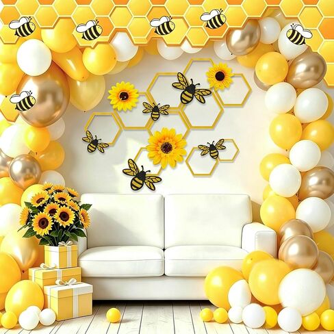 24 Pcs Honey Bee Honeycomb Decorations, 4 Inch Acrylic Hexagon Honeycomb with 3D Bee and Sunflower Wall Backdrop Decor, Beehive Themed Sign for Baby Shower DIY Birthday Party Decor in Kuwait