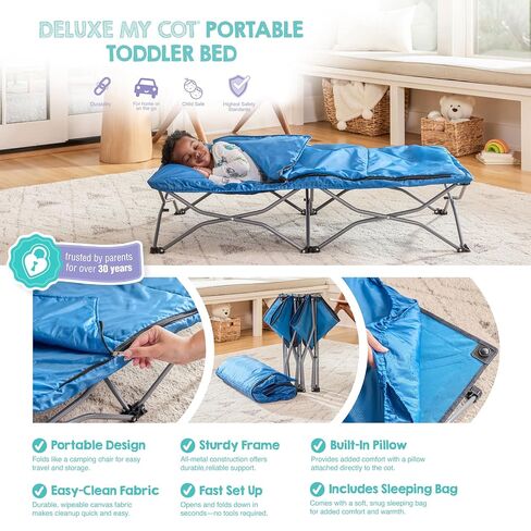 Regalo My Cot Deluxe Portable Toddler Bed, Indoor/Outdoor Kids Nap Cot with Sleeping Bag & Pillow, Lightweight Folding Travel Design for Home, Daycare, Camping & Sleepovers, Ages 2-5 in Kuwait