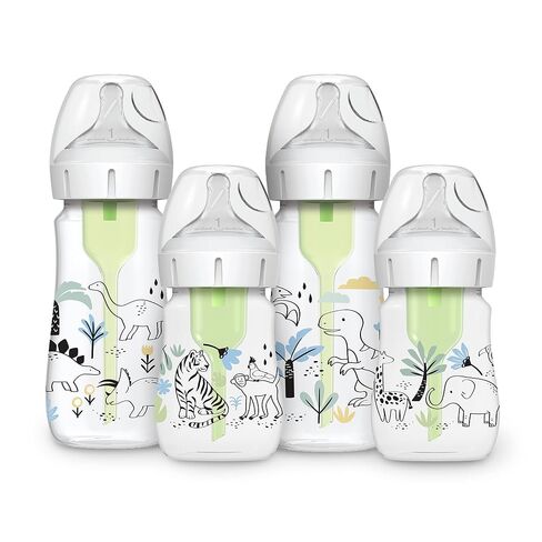Dr. Brown's Anti-Colic Options + Wide-Neck Baby Bottle Designer Edition, Jungle, 5 oz/150 mL + Dino, 9oz/270mL, with Level 1 Slow Flow Nipple, BPA-Free, 0m+, 4-Pack in Kuwait