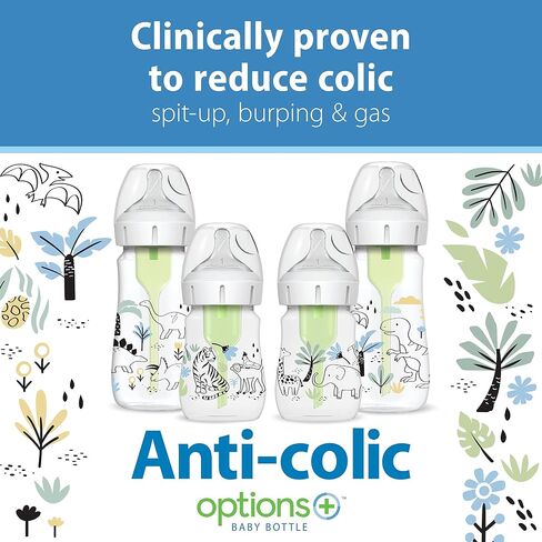 Dr. Brown's Anti-Colic Options + Wide-Neck Baby Bottle Designer Edition, Jungle, 5 oz/150 mL + Dino, 9oz/270mL, with Level 1 Slow Flow Nipple, BPA-Free, 0m+, 4-Pack in Kuwait