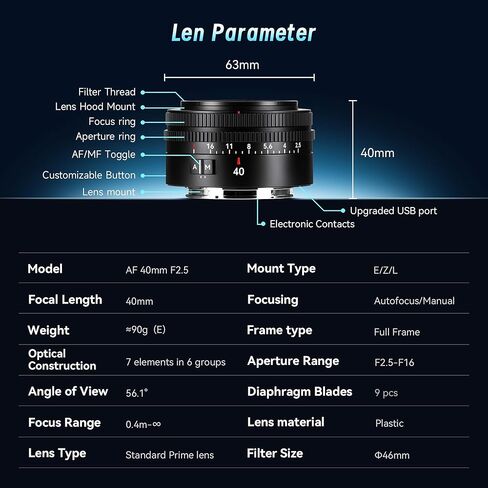 7artisans AutoFocus 40mm F2.5 Full Frame Lens,Support Automatic/Manual Compatible for Sony FX A1 A9 A7M A7R A7S A7C ZVE Series FX3,A9II,A7M2,A7S2 in Kuwait