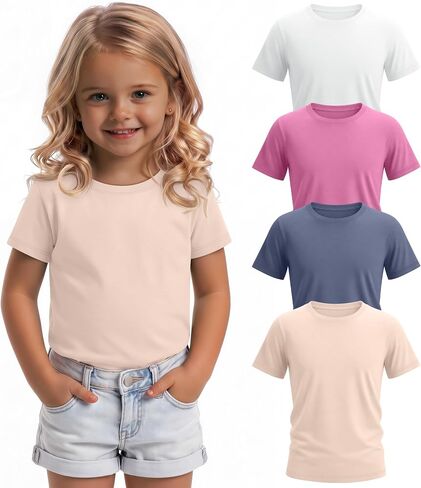 Yooo's Vivi 4 Pack Toddler Short Sleeve Tops | Short Sleeve, Crew Neck, Fitted, Basic, Solid, Casual, Summer Tees, for Baby 18M-5T in Kuwait