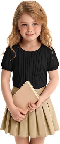 Ficerd Toddler Girls T Shirts | Short Sleeve Tunic, Pleated Tees, Basic, Baby Casual Tops, Round Neck, Soft, Loose Fit, Summer, School, Lightweight in Kuwait