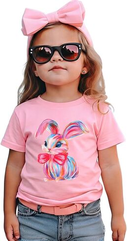 Ritatte Toddler Girls Easter Shirts Kids Cute Colorful Bunny Graphic T-Shirt Bow Rabbit Happy Easter Short Sleeve Tees Tops in Kuwait