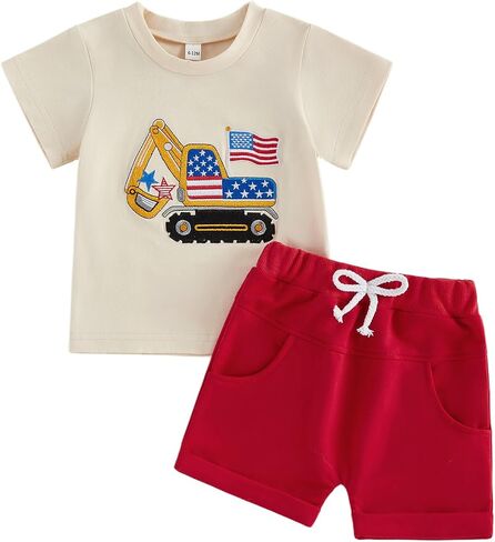 4th of July Toddler Boy Outfit Baby Excavator Firework Embroidered Short Sleeve T-Shirt Tops Shorts Set Summer Clothes (Red American Flag, 18-24 Months) in Kuwait
