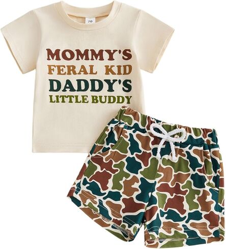 2Pcs Toddler Baby Boy Summer Clothes Letter Short Sleeve T-Shirt Tops Camo Hunting Shorts Pants Outfits Set in Kuwait