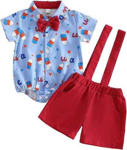 Newborn Infant Baby Boy 4th of July Outfit Popsicle USA Short Sleeve Button Down Shirt Romper Suspender Shorts Set in Kuwait