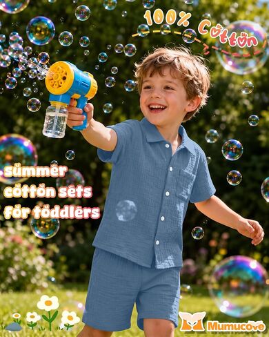 Baby Boy's 2 Piece Cotton Sets, Haze Blue, 5T | 18M-5T, Short Sleeve, Button-Down, Cotton, Elastic Waist, with Pockets, Casual, Loose, Summer, Soft, Breathable, Lightweight in Kuwait