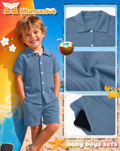 Baby Boy's 2 Piece Cotton Sets, Haze Blue, 5T | 18M-5T, Short Sleeve, Button-Down, Cotton, Elastic Waist, with Pockets, Casual, Loose, Summer, Soft, Breathable, Lightweight in Kuwait
