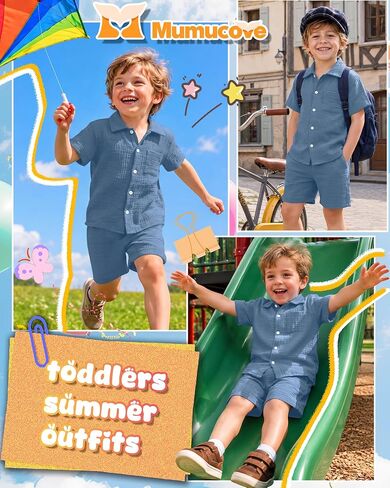 Baby Boy's 2 Piece Cotton Sets, Haze Blue, 5T | 18M-5T, Short Sleeve, Button-Down, Cotton, Elastic Waist, with Pockets, Casual, Loose, Summer, Soft, Breathable, Lightweight in Kuwait