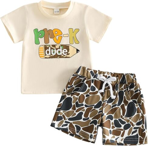 Toddler Baby Boy Kindergarten Outfit First Day Of The School Pre K Dude Print Short Sleeve Shirt Camo Shorts Set in Kuwait