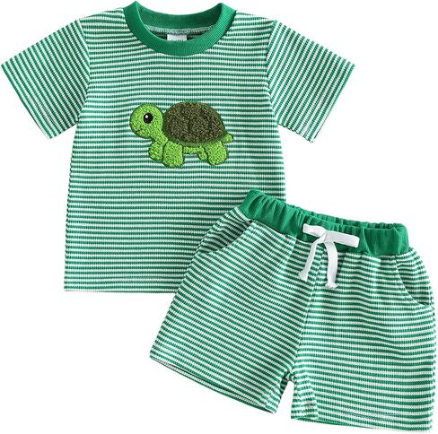 Baby Boy Summer Outfit Turtle Embroidered Short Sleeve Waffle T-shirts and Shorts Set Toddler Sea Animal Clothes in Kuwait
