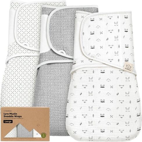 KeaBabies Muslin Baby Swaddles for Newborns, 3pk,100% Cotton (Nordic, L) | Organic Cotton Swaddles Sleep Sack 3-6 Months, Infant, Baby Girls, Boys, Soft Breathable Summer Swaddler, Easy Quiet Closure in Kuwait