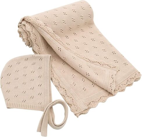 LifeTree Knit Baby Blanket & Hat, 100% Cotton Soft Swaddle & Receiving Blanket for Toddler, Lightweight & Breathable Newborn Blanket Unisex for Crib, Stroller, 31X40 Inches, Shower Registry Gift,Pink in Kuwait