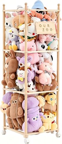 Stuffed Animal Storage & Organizer with Wheels, Wooden Stuffed Animal Zoo Storage with Elastic Band & Net, Space Save Toy Organizers, Plush Toy Holder for Kids Bedroom, Playroom and Nursery (Natural) in Kuwait