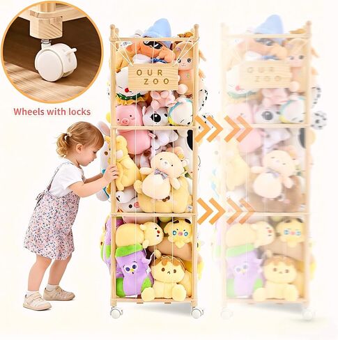 Stuffed Animal Storage & Organizer with Wheels, Wooden Stuffed Animal Zoo Storage with Elastic Band & Net, Space Save Toy Organizers, Plush Toy Holder for Kids Bedroom, Playroom and Nursery (Natural) in Kuwait