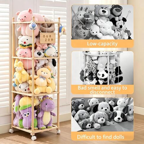 Stuffed Animal Storage & Organizer with Wheels, Wooden Stuffed Animal Zoo Storage with Elastic Band & Net, Space Save Toy Organizers, Plush Toy Holder for Kids Bedroom, Playroom and Nursery (Natural) in Kuwait