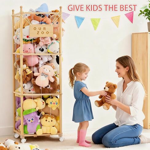 Stuffed Animal Storage & Organizer with Wheels, Wooden Stuffed Animal Zoo Storage with Elastic Band & Net, Space Save Toy Organizers, Plush Toy Holder for Kids Bedroom, Playroom and Nursery (Natural) in Kuwait
