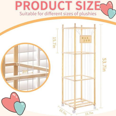 Stuffed Animal Storage & Organizer with Wheels, Wooden Stuffed Animal Zoo Storage with Elastic Band & Net, Space Save Toy Organizers, Plush Toy Holder for Kids Bedroom, Playroom and Nursery (Natural) in Kuwait