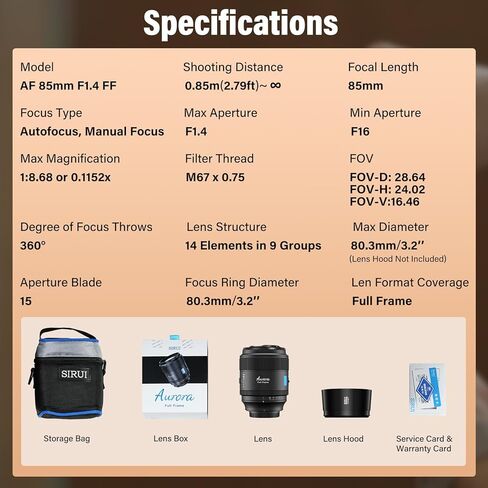 SIRUI Aurora 85mm F1.4 Full Frame Auto Focus Lens, Telephoto Prime Portrait Lens for L Mount Cameras, Black in Kuwait