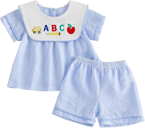 Toddler Boys Back to School Outfits Short Sleeve Pencil Apple Embroidery Peter Pan T-Shirt + Shorts Set in Kuwait