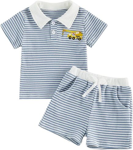 Baby Boy Summer Outfit Embroidered Short Sleeve Collared Shirt and Shorts Set Toddler Stripe Waffle Clothes in Kuwait
