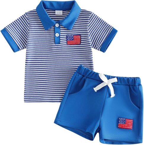 Toddler Baby Boy Summer Outfits Cute Waffle Truck Stripe Shirt Shorts Sets | Newborn Boy Tractor Embroidery Stripe Lapel Collar Short Sleeve Top Side Pockets Shorts Infant Soft Waffle Clothes 6 12 18M in Kuwait