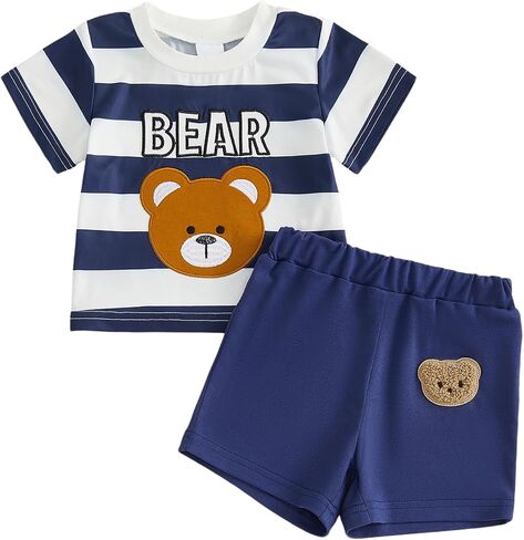Baby Boy Summer Clothes Crew Neck Bear Print Striped Short Sleeve Top Shorts Set 2pcs Toddler Boy Summer Sets in Kuwait