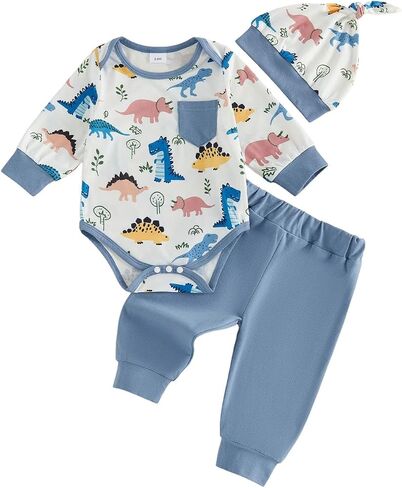 Newborn Baby Boy Fall Outfit Romper Long Pants Hat Set 0-18M | Baby Boy Dinosaur/Animal/Excavator Outfit, Long Sleeve Cartoon Romper Solid Jogger Pants Hat, Infant 3Pcs Casual Clothes in Kuwait