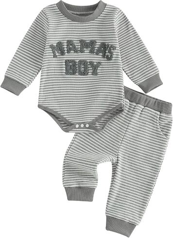 Baby Boy Fall Clothes Mamas Boy Long Sleeve Romper and Pants Set | Waffle Knit, Striped, Embroidered, 3 6 9 12 Months, Baby Shower Present, Coming Home Outfit, Half birthday, First Birthday in Kuwait