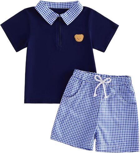 SAYOO Infant Baby Boy Summer Clothes Bear/Letter Embroidery Button Down Polo Shirt Plaid Short Set 3 6 12 18 Months 2T 3T 4T in Kuwait