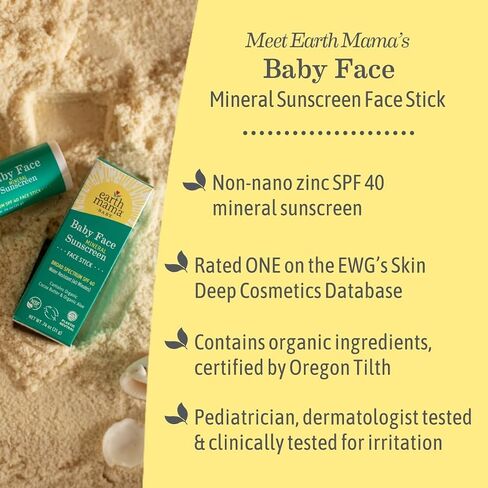 Earth Mama Baby Face Mineral Sunscreen Stick SPF 40 - (3 Pack) 0.74 oz - Non-Nano Zinc - Broad Spectrum Sunscreen for Babies, Kids & Family - Water Resistant Sun Protection in Kuwait