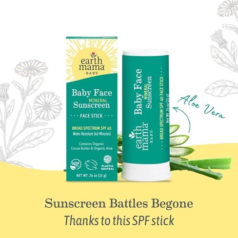 Earth Mama Baby Face Mineral Sunscreen Stick SPF 40 - (3 Pack) 0.74 oz - Non-Nano Zinc - Broad Spectrum Sunscreen for Babies, Kids & Family - Water Resistant Sun Protection in Kuwait