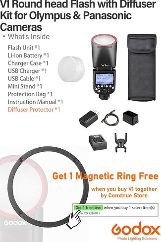 Godox V1 O V1-O Flash with Diffuser Kit for Olympus & Panasonic Camera, 76Ws 2.4G HSS TTL Round Head Flash, 1.5s Recycle Time, 480 Full Power Flashes, Li-ion Battery, Modeling Lamp in Kuwait