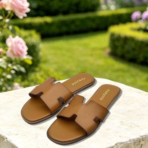 Women's Dressy Flat Sandals, Comfortable Slip On Leather Casual Slide Open Toe Lightweight Fashion Summer Sandals Brown in Kuwait
