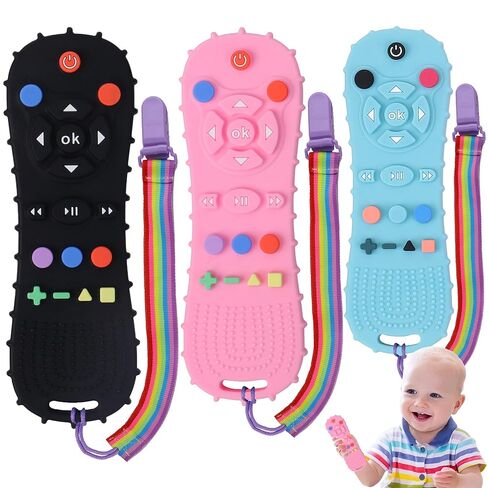 3 Pack Silicone Baby Remote Teether Chew Toy for Infant TV Teething Remote Control Shape Play Remotes for Babies 3-24 Months (Black+Blue+Pink) in Kuwait
