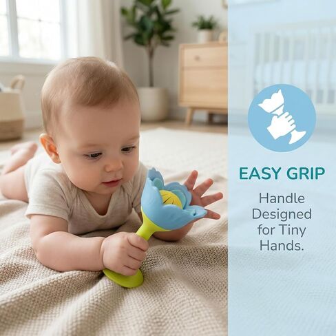 Hape Rattle & Teether Toy for Babies, BPA-Free Food Grade Silicone Flower Teether with Suction Cup Base & Soft Rattle Sound, Infant Sensory & Fine Motor Skills Development in Kuwait
