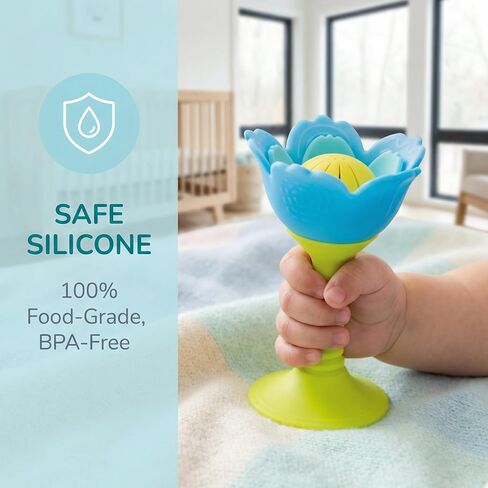 Hape Rattle & Teether Toy for Babies, BPA-Free Food Grade Silicone Flower Teether with Suction Cup Base & Soft Rattle Sound, Infant Sensory & Fine Motor Skills Development in Kuwait