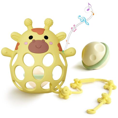 Giraffe Baby Teether with Toy Strap | 3 in 1 Teething Toy, Baby Rattle & Sensory Toy | Food Grade Silicone BPA Free | Baby Toys 0-6 Months | Teething Toys 3-6 Months | Infant Teether 6-12 Months in Kuwait