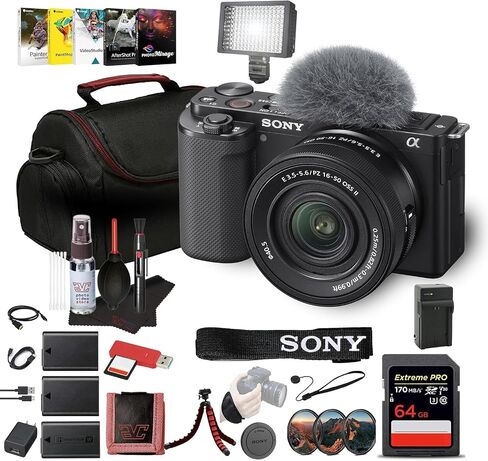 Sony ZV-E10 Mirrorless Camera Black with 16-50mm Power Zoom Lens (ILCZV-E10L) – 24.2 MP APS-C Sensor, 4K Video, Vari-Angle Screen w/ 64GB Card, Filter Kit,Photo Software, 2 x NPF-W50 Battery and More in Kuwait