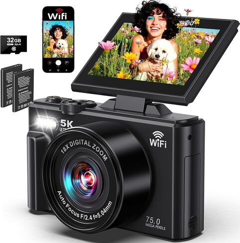 Digital Camera - 5K WiFi Digital Cameras for Photography - 75MP UHD Autofocus Vlogging Camera for YouTube - Compact Video Cameras Travel Camara with 3" 180° Flip Screen, 18X Zoom, 32GB Card, Batteries in Kuwait