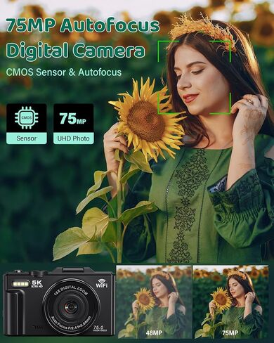 Digital Camera - 5K WiFi Digital Cameras for Photography - 75MP UHD Autofocus Vlogging Camera for YouTube - Compact Video Cameras Travel Camara with 3" 180° Flip Screen, 18X Zoom, 32GB Card, Batteries in Kuwait