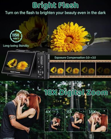 Digital Camera - 5K WiFi Digital Cameras for Photography - 75MP UHD Autofocus Vlogging Camera for YouTube - Compact Video Cameras Travel Camara with 3" 180° Flip Screen, 18X Zoom, 32GB Card, Batteries in Kuwait